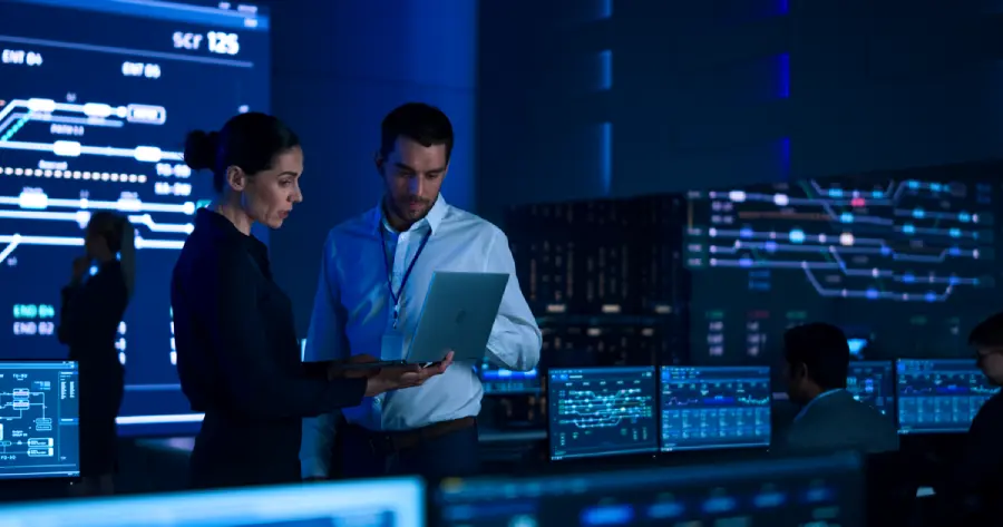  A male and a female employee discuss looking at a tablet